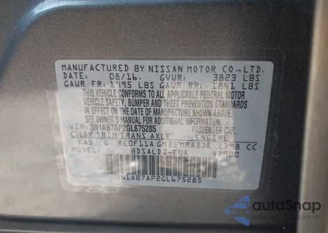 2016 Nissan Sentra Sv from USA, damaged, VIN 3N1AB7AP2GL675285